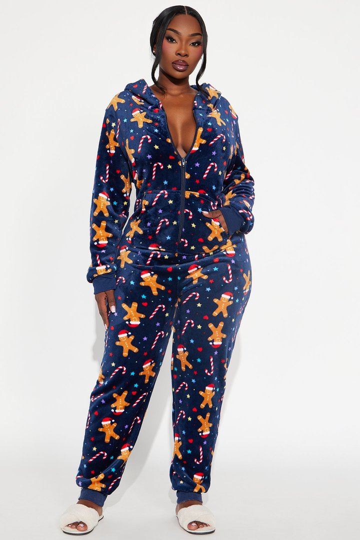 Jolly Gingerbread Matching Family Plush Hoodie PJ Jumpsuit Onesie - Navy
