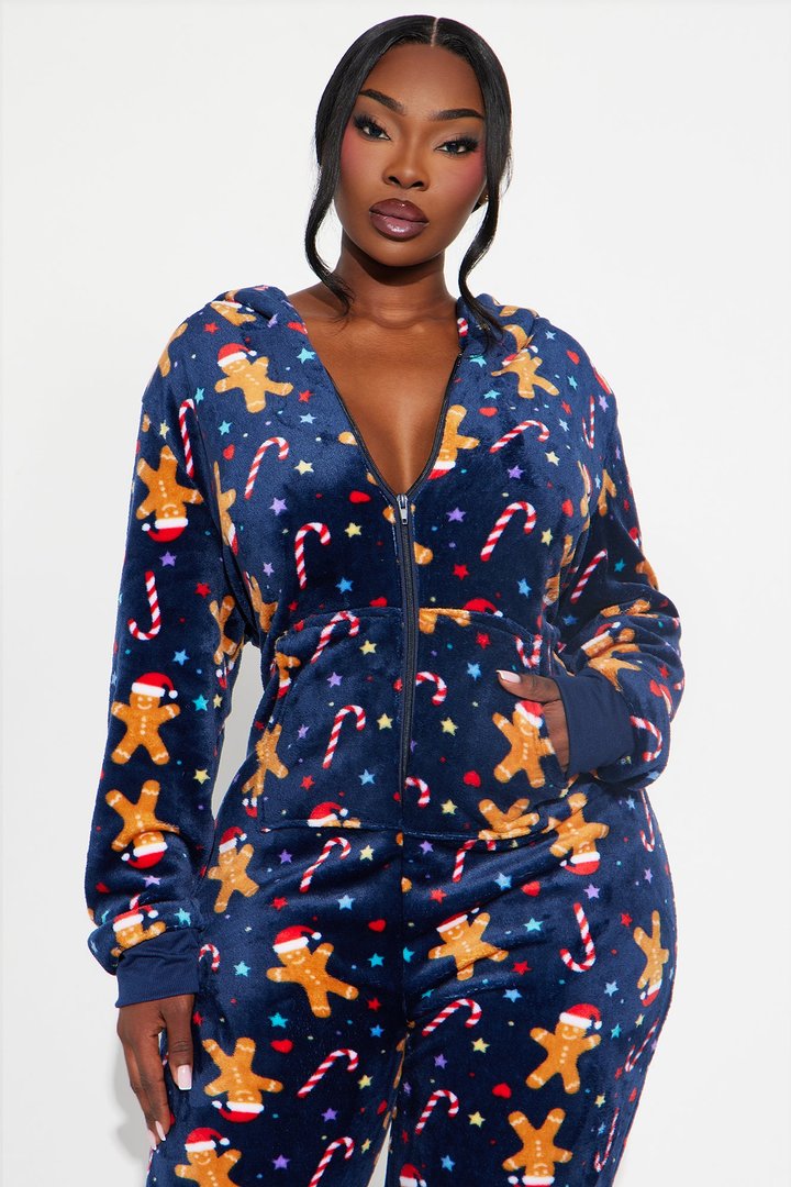 Jolly Gingerbread Matching Family Plush Hoodie PJ Jumpsuit Onesie - Navy