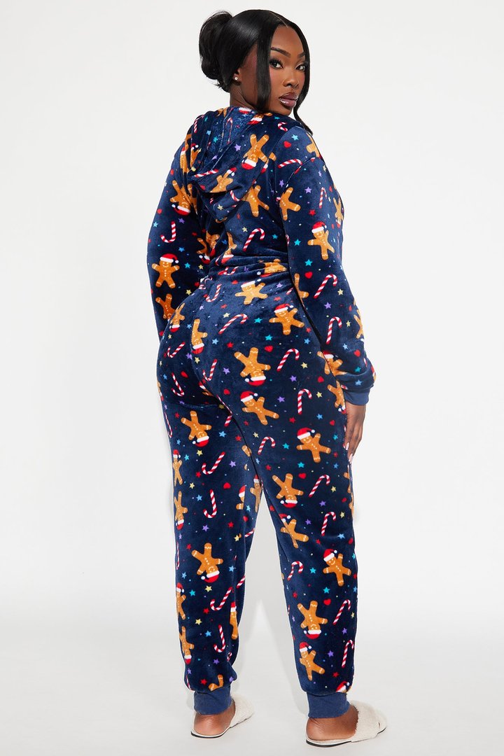 Jolly Gingerbread Matching Family Plush Hoodie PJ Jumpsuit Onesie - Navy