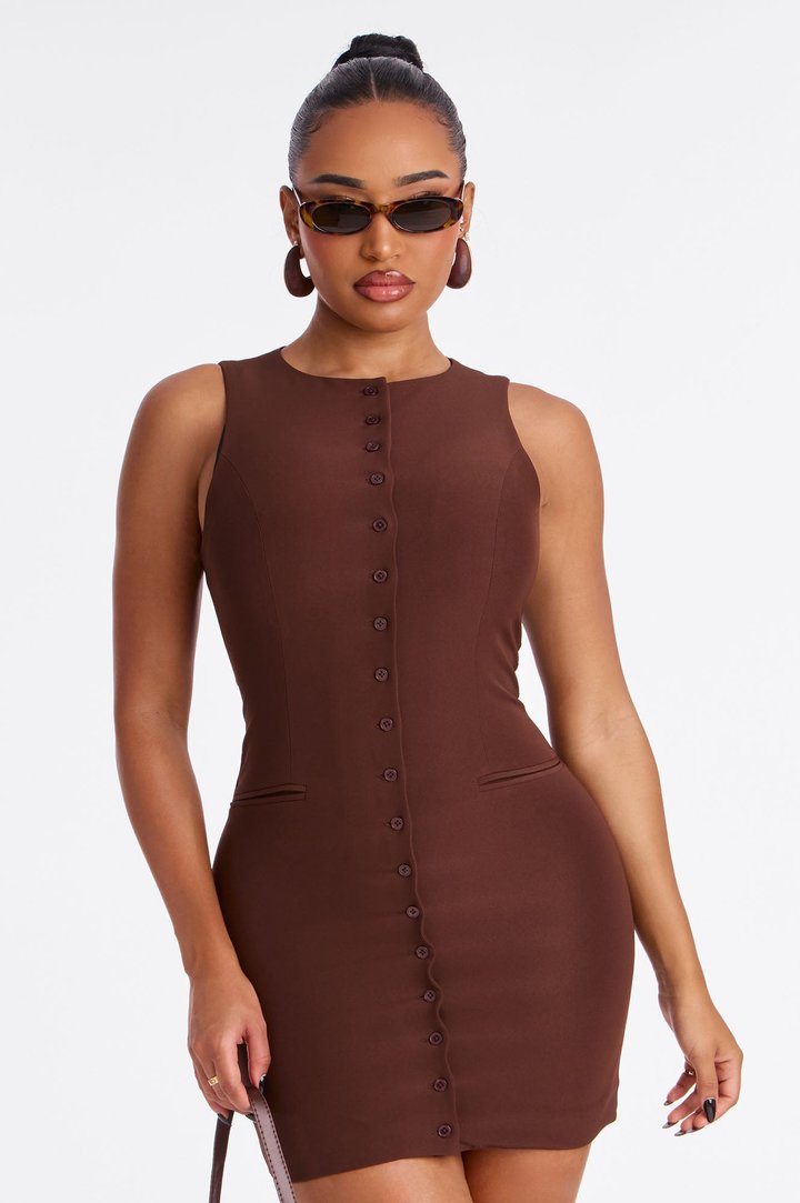 Jessalyn Button Up Mini Dress - Chocolate
