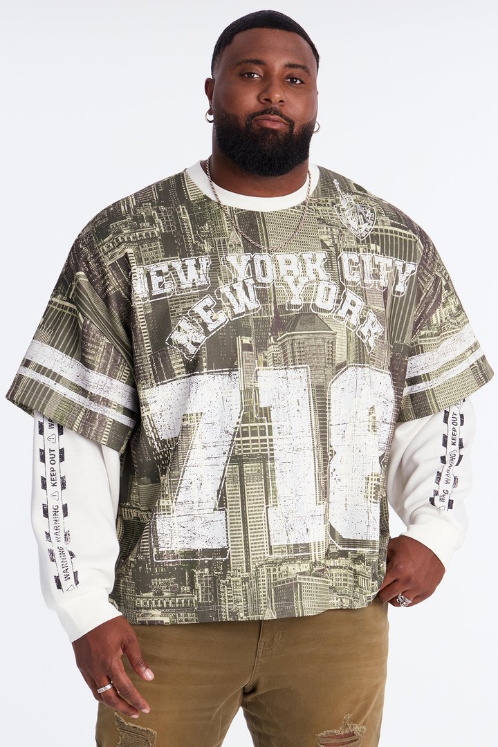 Oversized Concrete Jungle Skylines Long Sleeve Tee - Green/combo