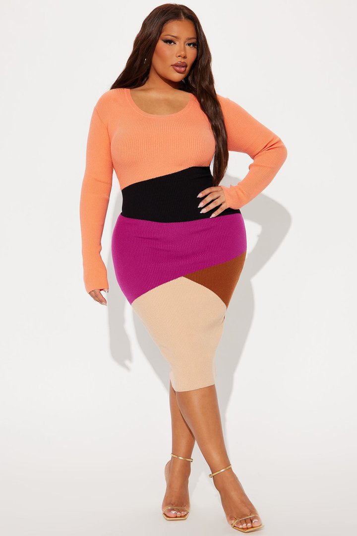 On Point Sweater Midi Dress - Orange/combo