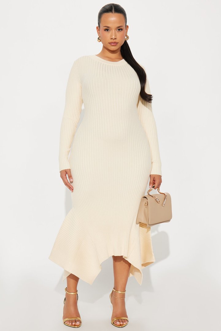 Rare Catch Long Sleeve Ribbed Midi Dress - Cream