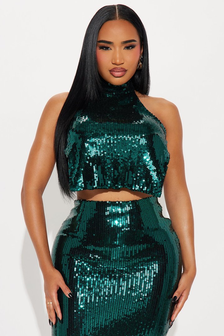 Khloe Sequin Halter Maxi Skirt Set - Hunter