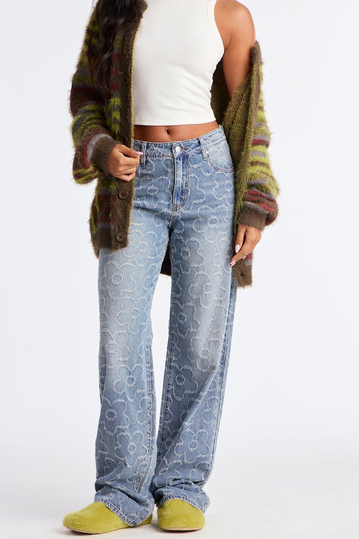 Tall Flower Power Jacquard Wide Leg Jeans - Medium Wash