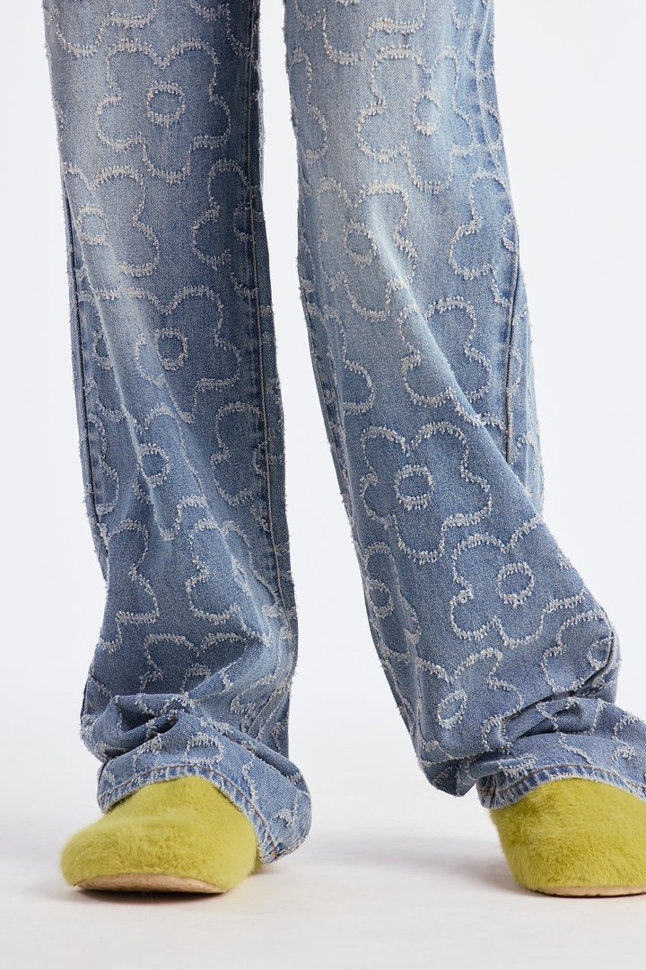 Tall Flower Power Jacquard Wide Leg Jeans - Medium Wash