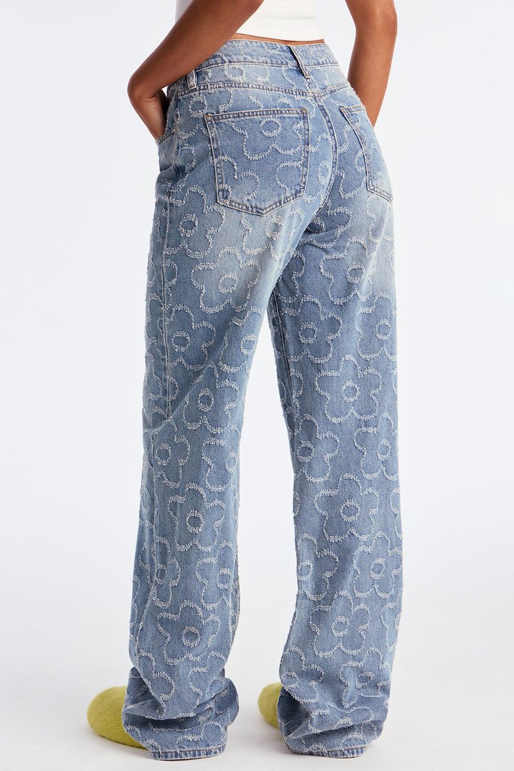 Tall Flower Power Jacquard Wide Leg Jeans - Medium Wash