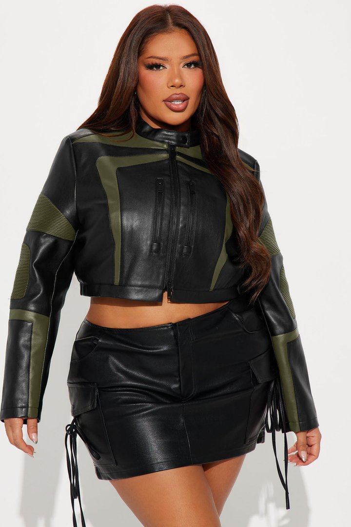 Not Like The Rest Faux Leather Moto Jacket - Olive/combo
