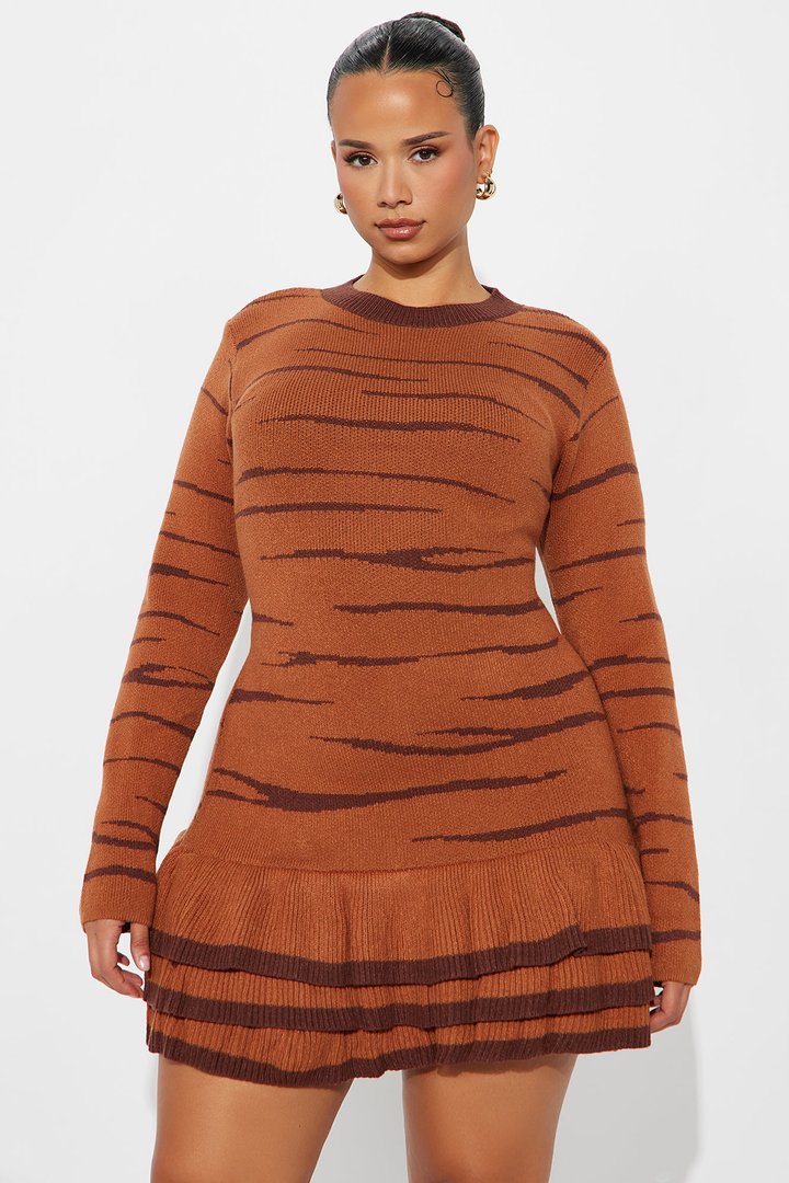 On The Prowl Animal Print Sweater Mini Dress - Cognac