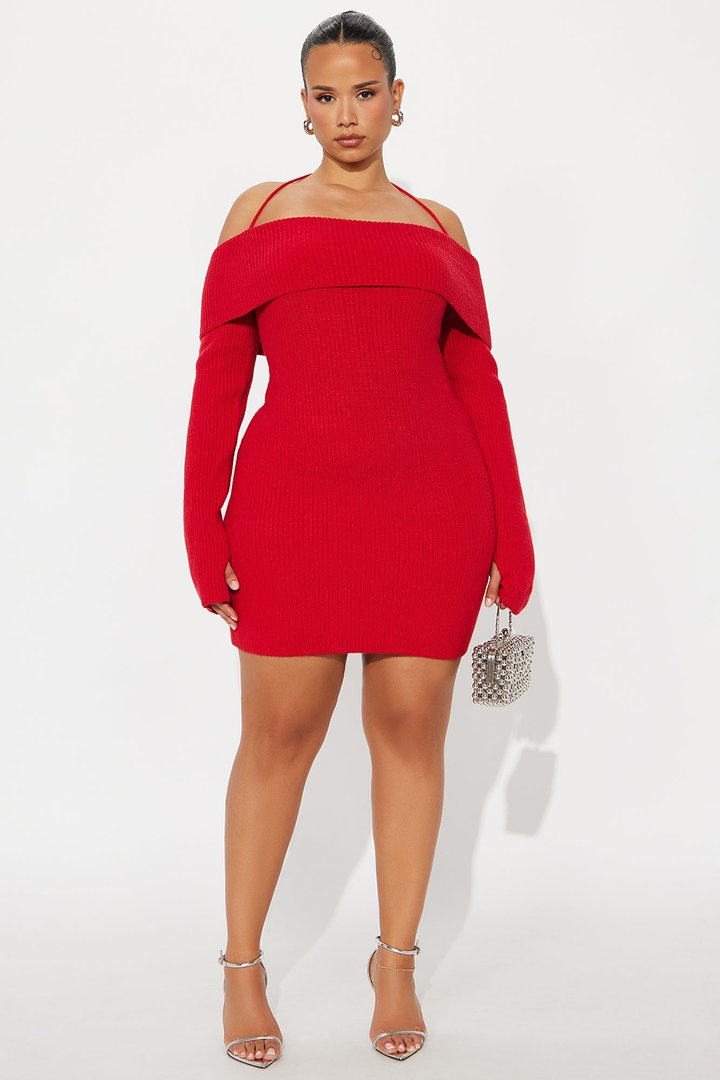 Hannah Open Back Sweater Mini Dress - Red