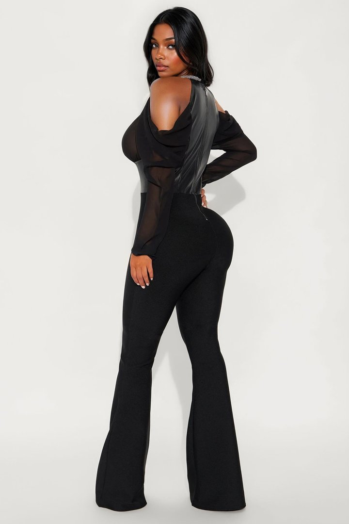 Cleo Choker Bandage Flare Leg Jumpsuit - Black