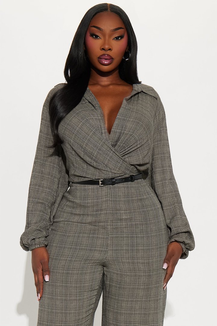 Angela Plaid Belted Jumpsuit - Black/combo