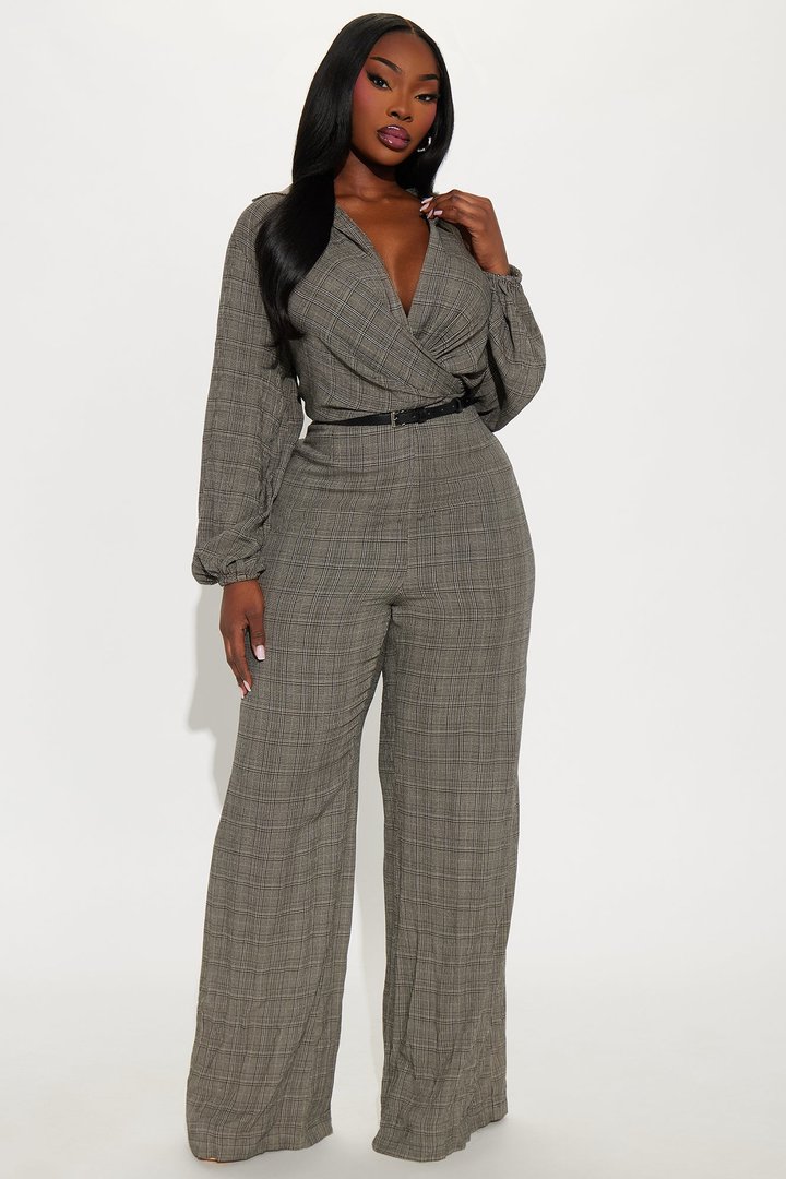 Angela Plaid Belted Jumpsuit - Black/combo