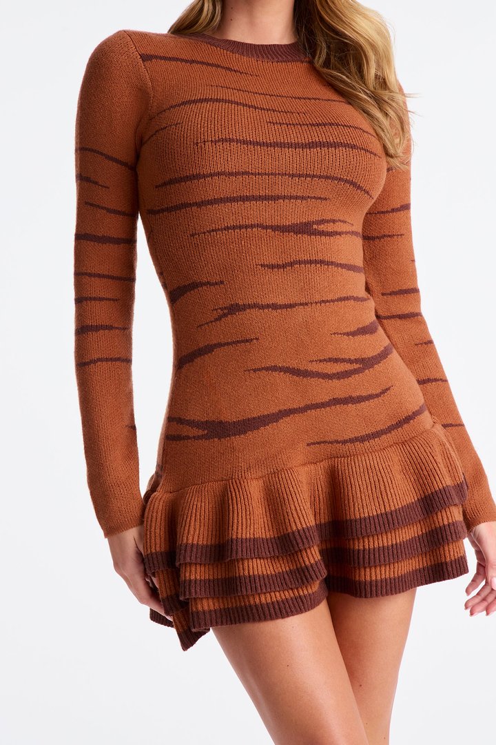 On The Prowl Animal Print Sweater Mini Dress - Cognac