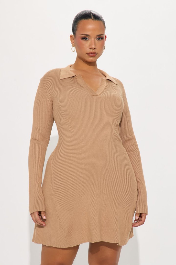 Soft Season Long Sleeve Sweater Mini Dress - Taupe