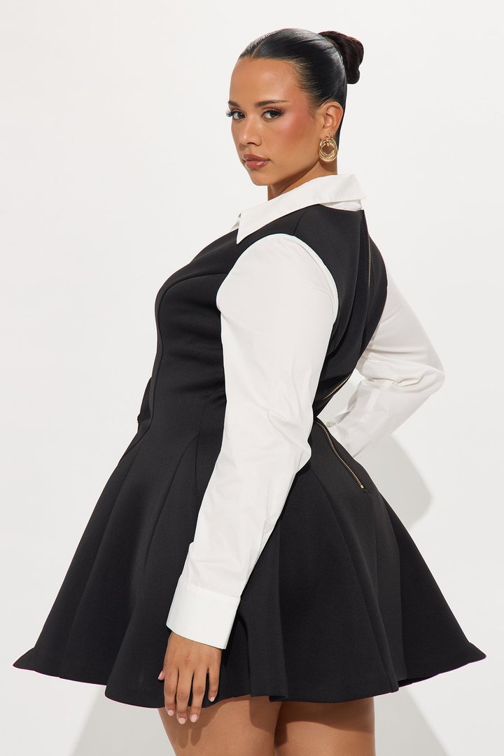 Queen Looks Pleated Long Sleeve Mini Dress - Black
