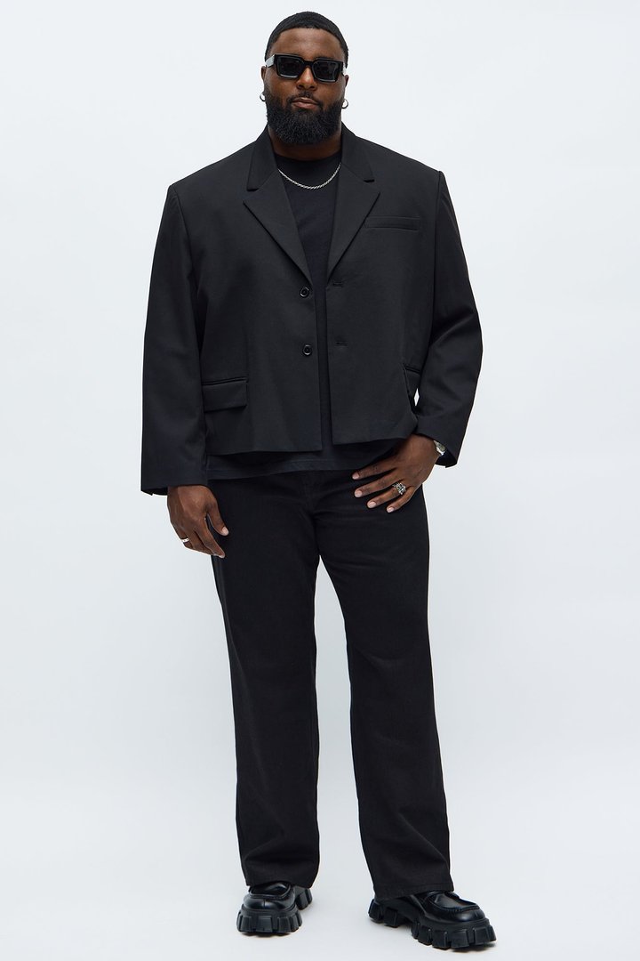Gabardine Boxy Cropped Single Breasted Blazer - Black