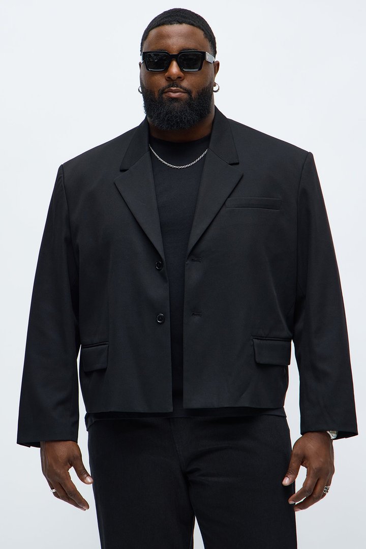 Gabardine Boxy Cropped Single Breasted Blazer - Black