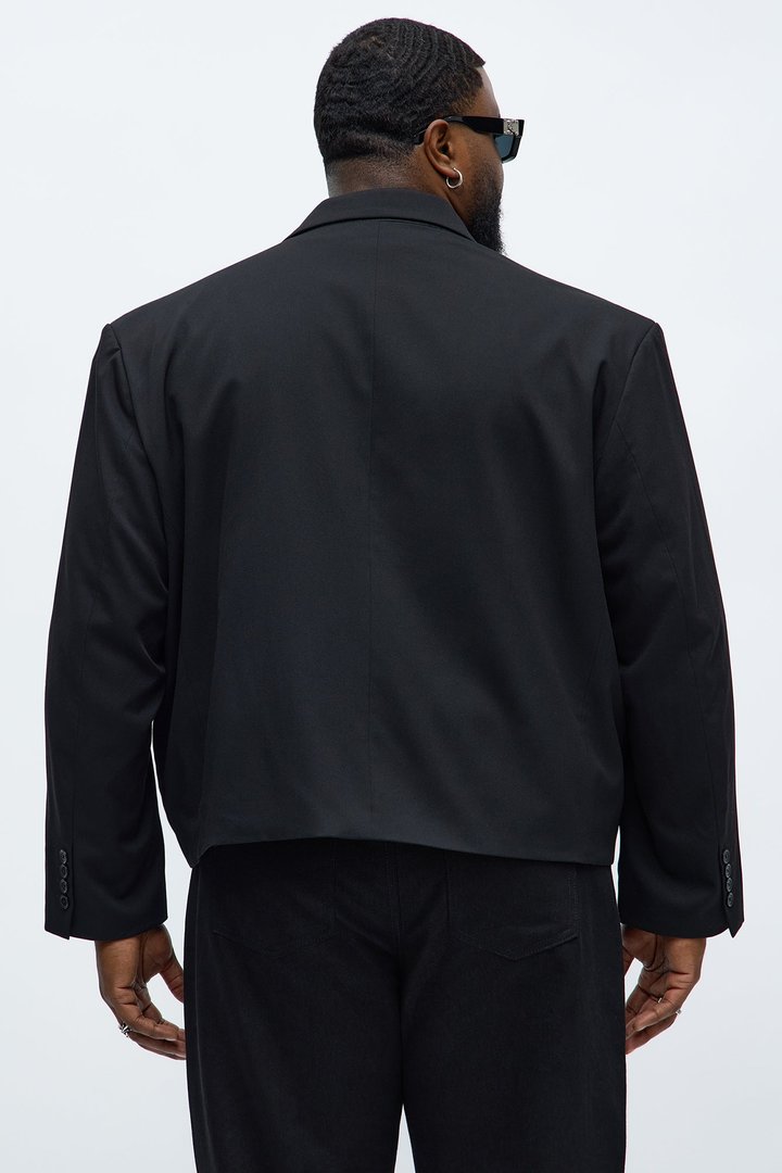 Gabardine Boxy Cropped Single Breasted Blazer - Black