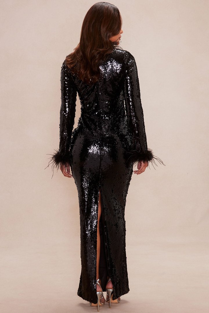 High Glam Feathered Sequin Maxi Dress - Black