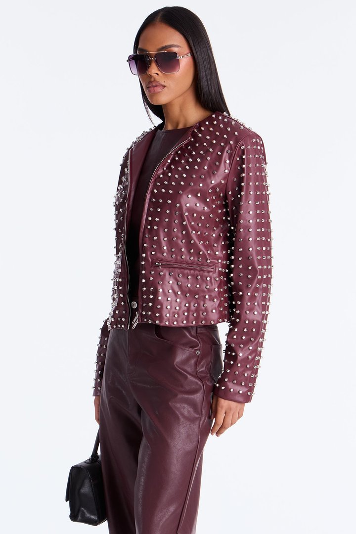 Run This Town Studded Faux Leather Jacket - Wine