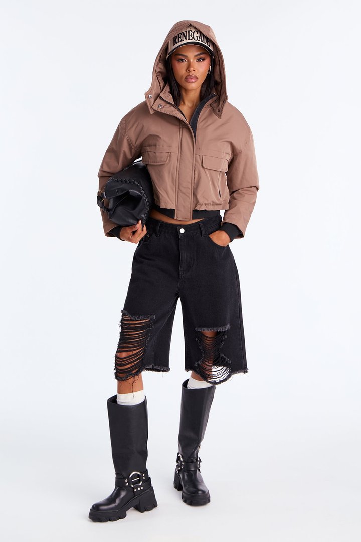 Chill Flex Hooded Nylon Puffer Jacket - Brown