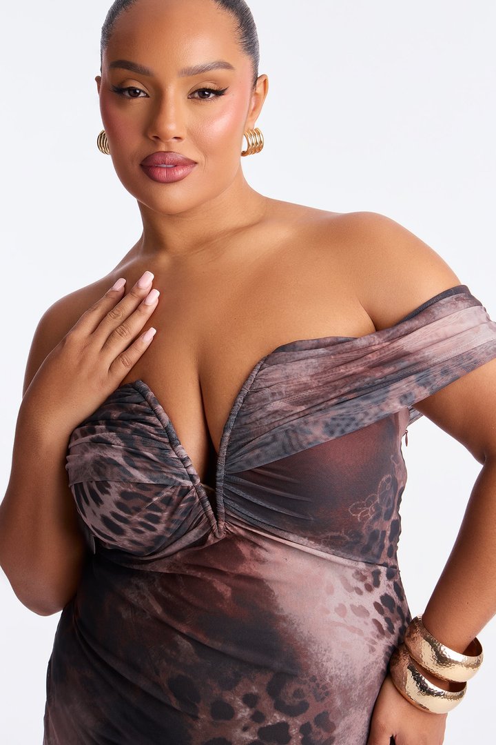 Soraya Off Shoulder Mesh Midi Dress - Brown/combo