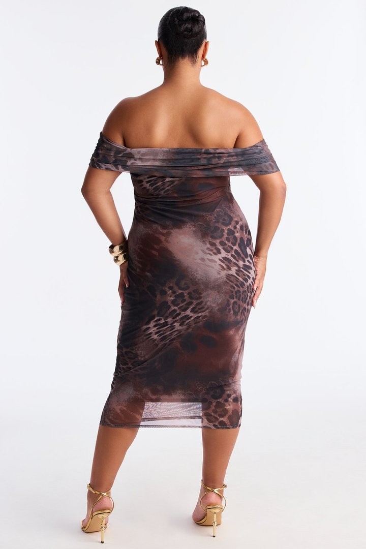 Soraya Off Shoulder Mesh Midi Dress - Brown/combo