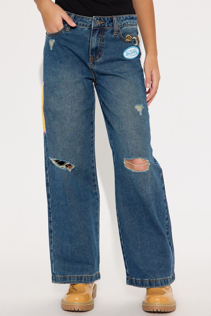 Mini Von Dutch Patchwork Mid Rise Wide Leg Jeans - Dark Wash