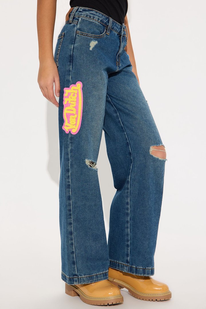 Mini Von Dutch Patchwork Mid Rise Wide Leg Jeans - Dark Wash