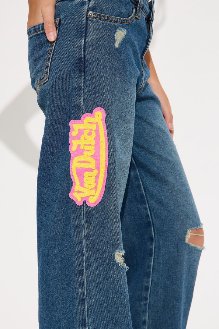 Mini Von Dutch Patchwork Mid Rise Wide Leg Jeans - Dark Wash