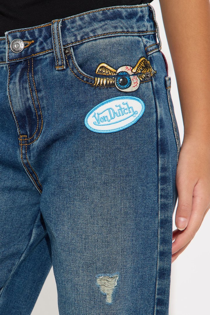 Mini Von Dutch Patchwork Mid Rise Wide Leg Jeans - Dark Wash