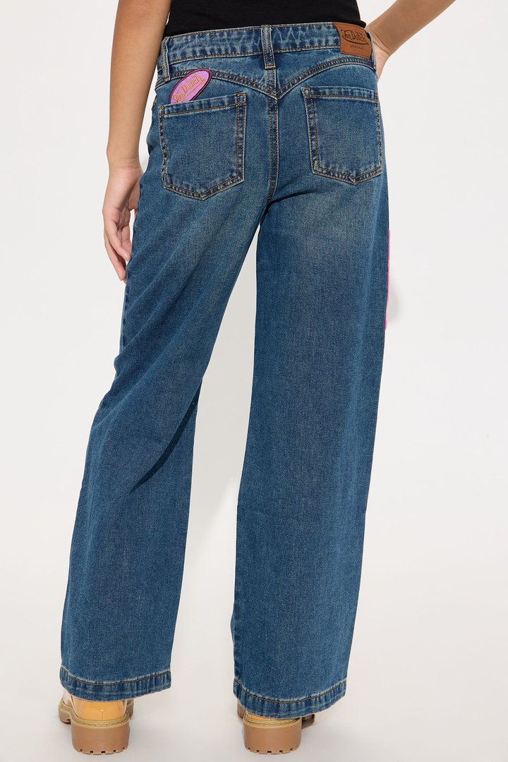 Mini Von Dutch Patchwork Mid Rise Wide Leg Jeans - Dark Wash