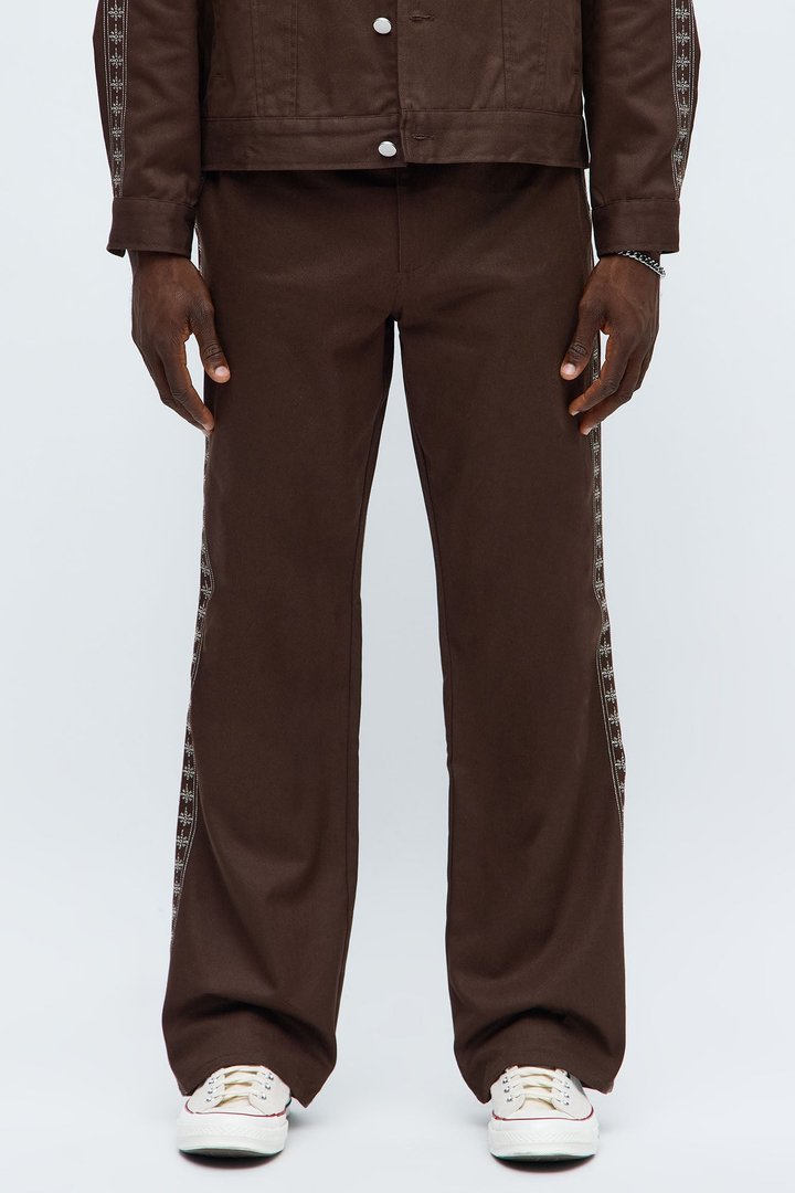 Stacked Slim Flare On A Loop Embroidered Stitch Pant - Brown