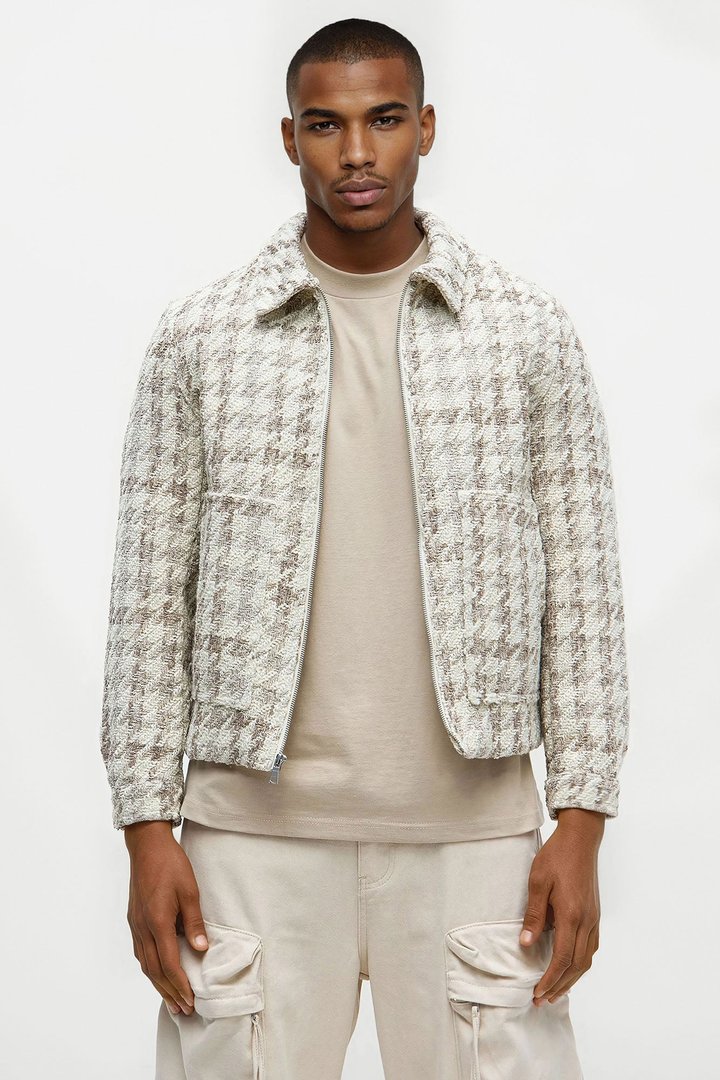 Textured Loyal Houndstooth Work Jacket - Cream