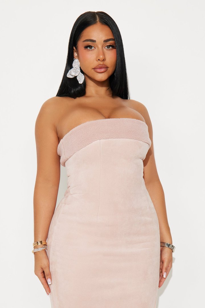 Teddy Fur Trim Faux Suede Midi Dress - Pink