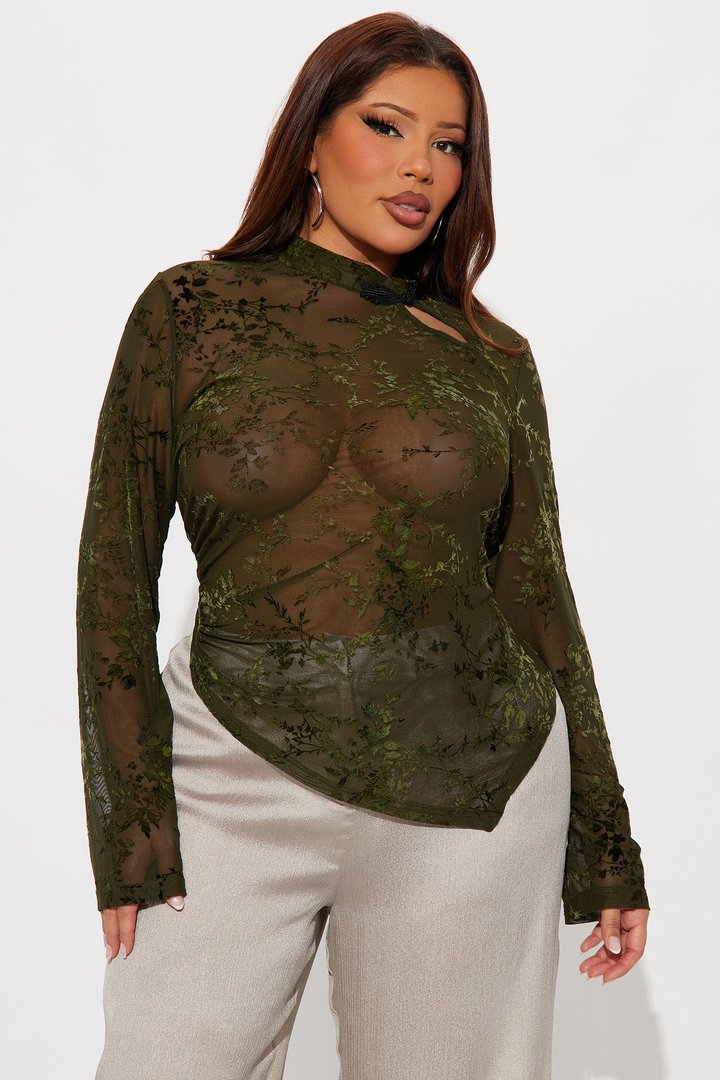 Neriah Long Sleeve Flocked Asymmetrical Top - Olive