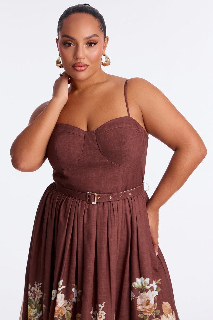 In The Flower Fields Linen Maxi Dress - Brown