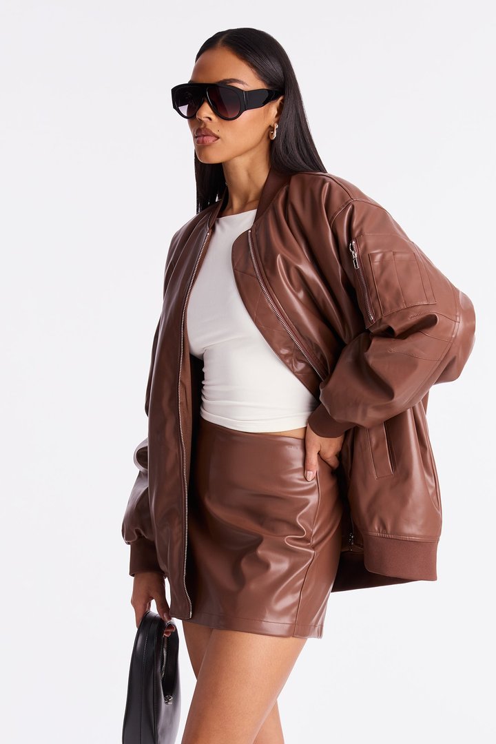 Soft Serve Faux Leather Skort Set - Brown