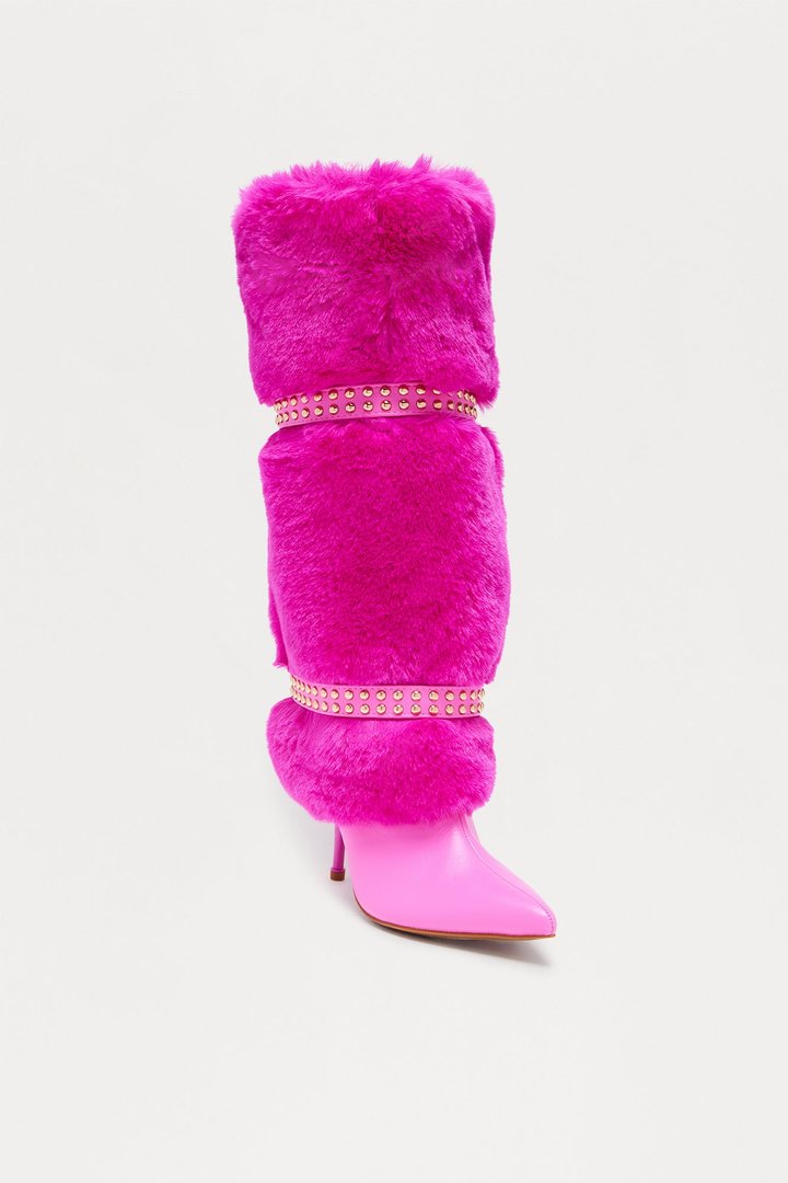 Bronx Studded Faux Fur Boots - Hot Pink