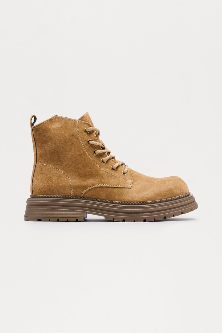 Genuine Suede Lace Up Chunky Boot - Taupe