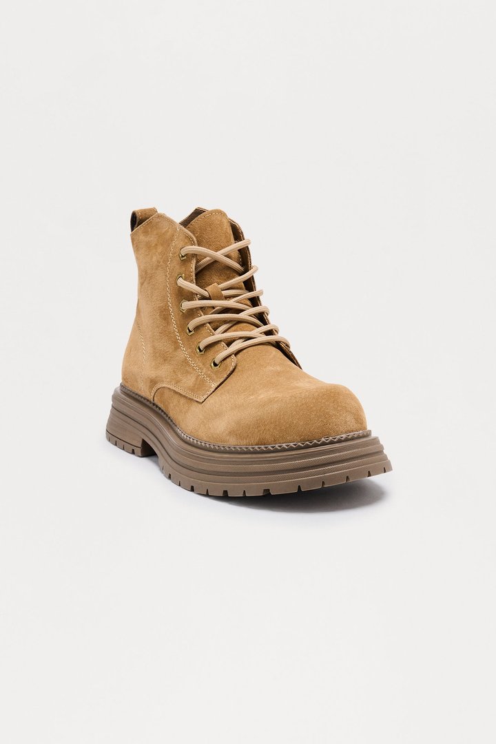 Genuine Suede Lace Up Chunky Boot - Taupe