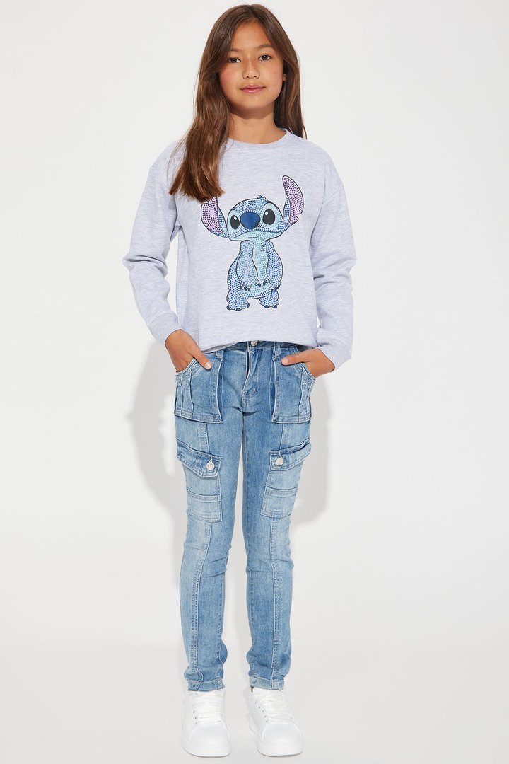 Mini Stitch Rhinestone Crew Neck Sweatshirt - Heather Grey
