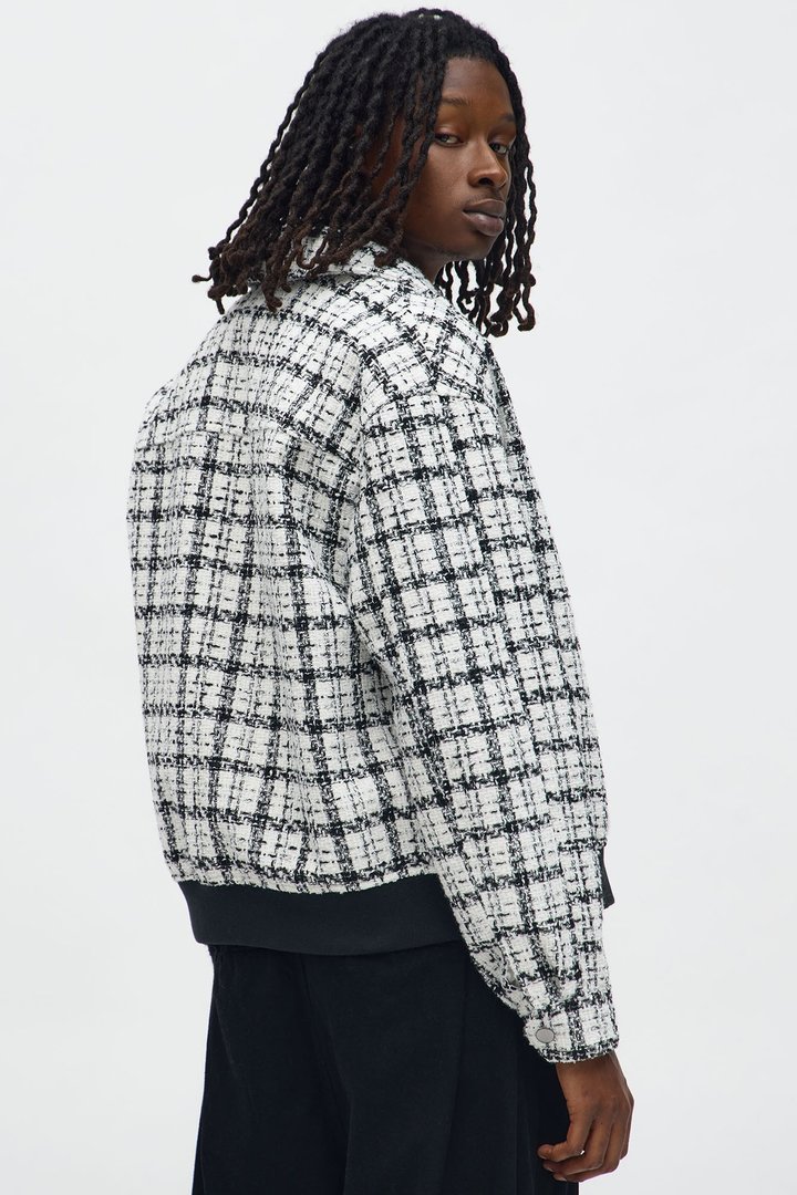 Relaxed Textured Boucle Plaid Work Zip Jacket - Black/White