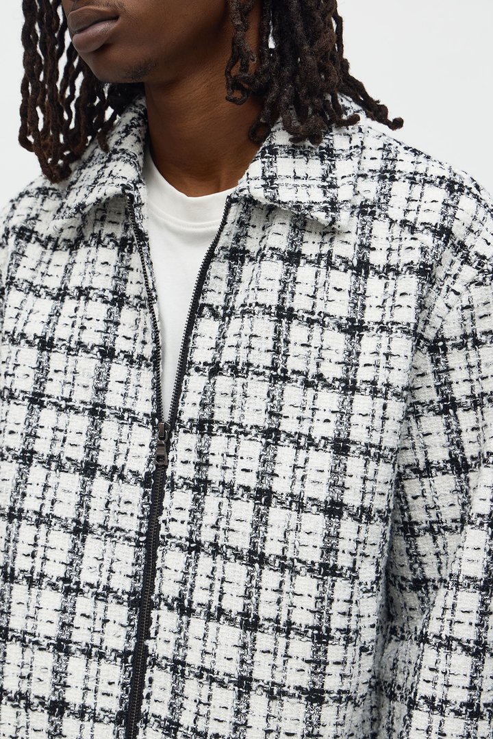Relaxed Textured Boucle Plaid Work Zip Jacket - Black/White