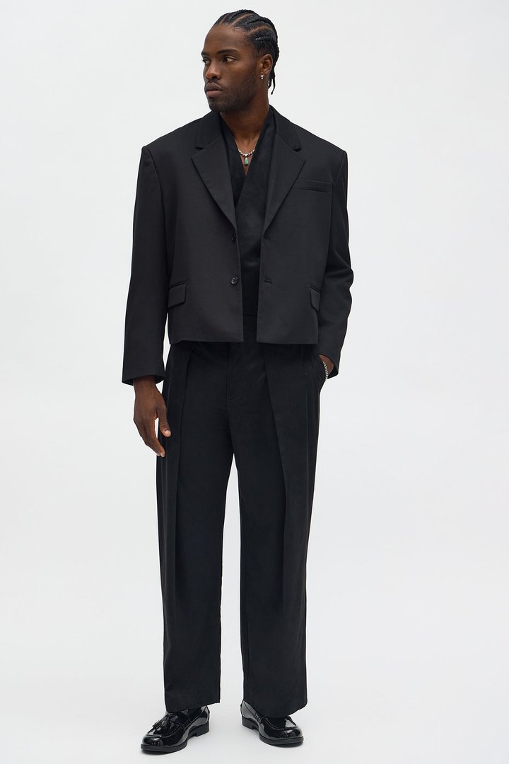 Gabardine Boxy Cropped Single Breasted Blazer - Black