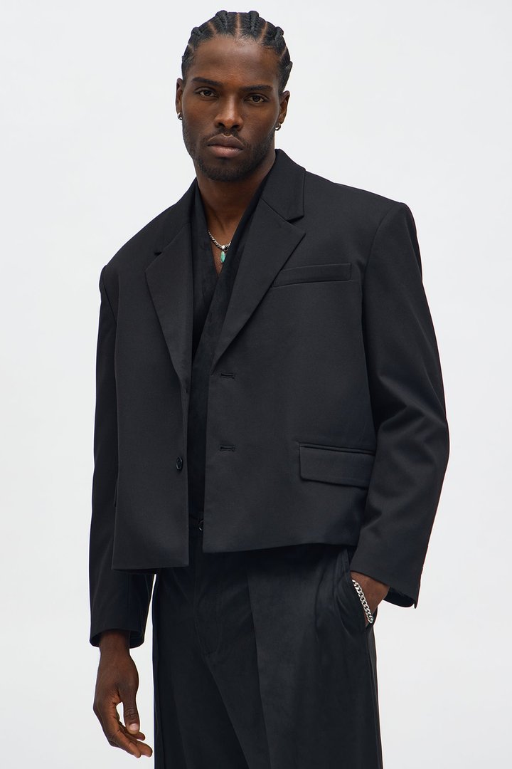 Gabardine Boxy Cropped Single Breasted Blazer - Black