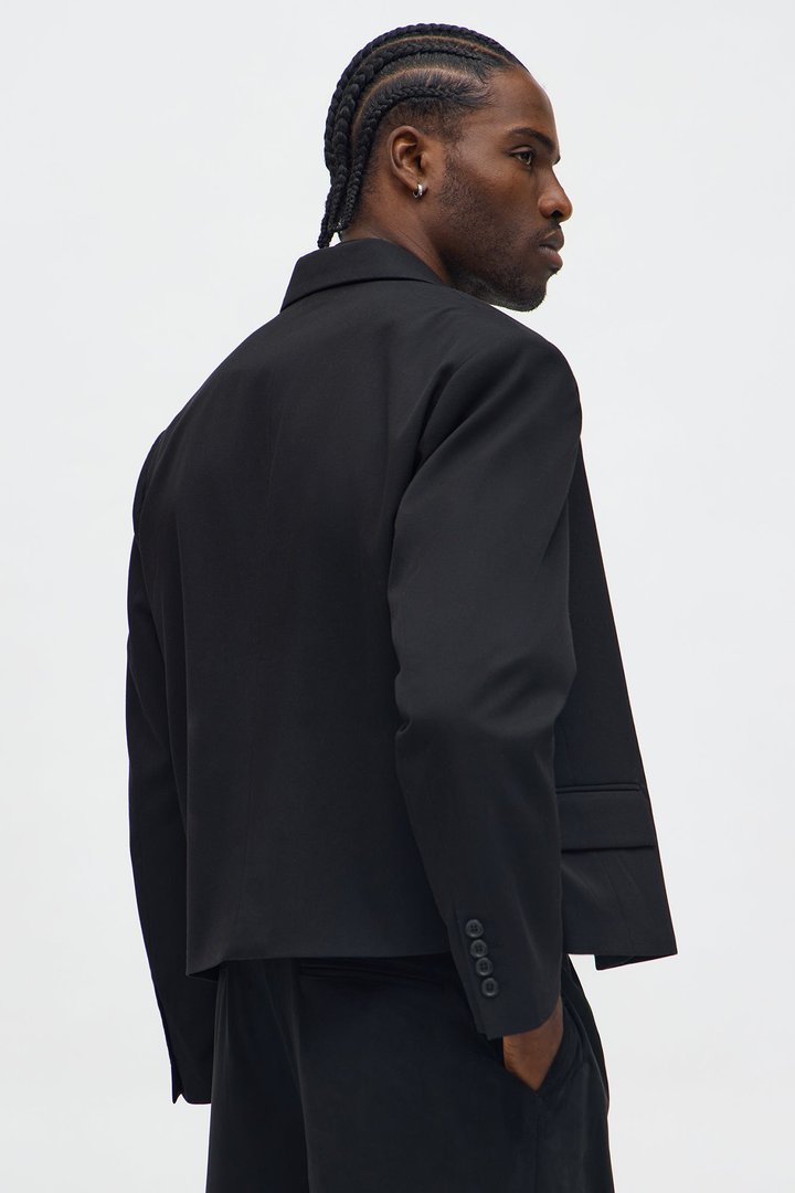 Gabardine Boxy Cropped Single Breasted Blazer - Black