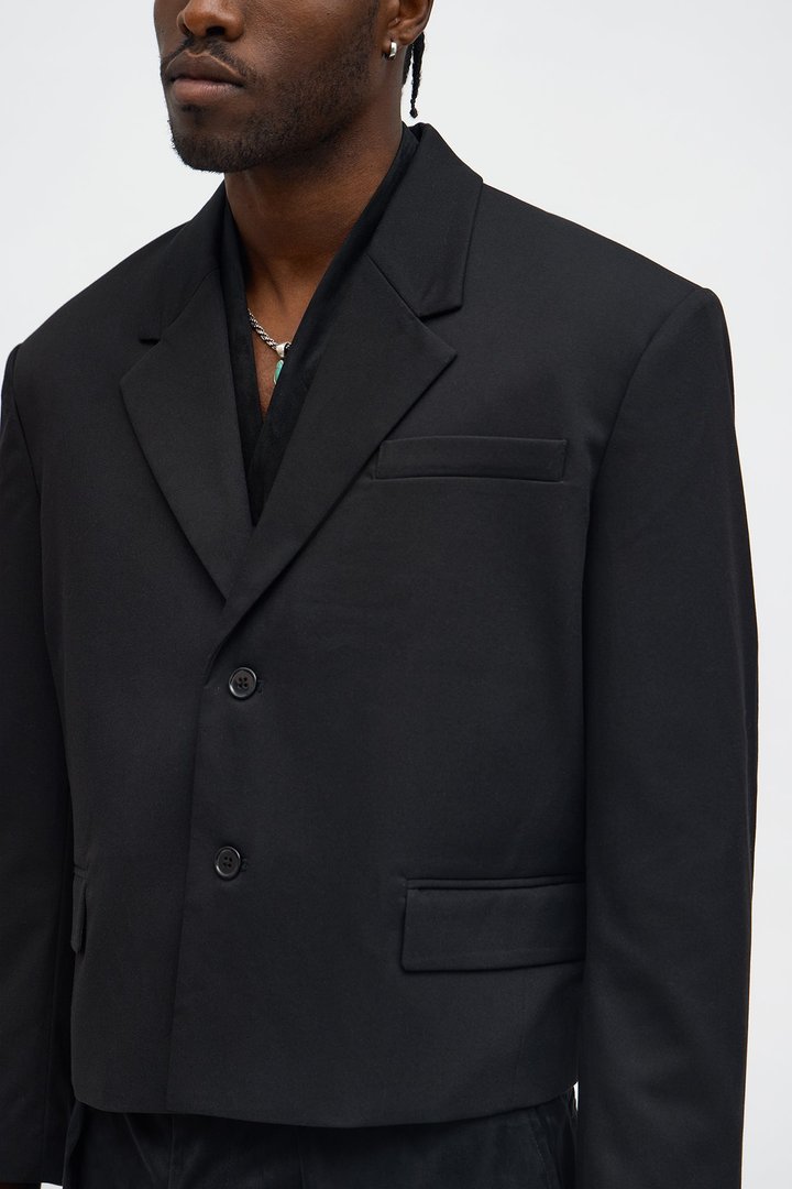 Gabardine Boxy Cropped Single Breasted Blazer - Black