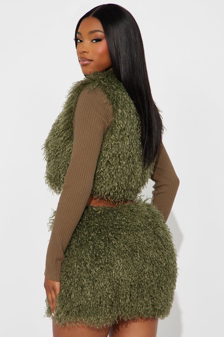 Fur Fierce Faux Fur Cardigan Skirt Set - Olive